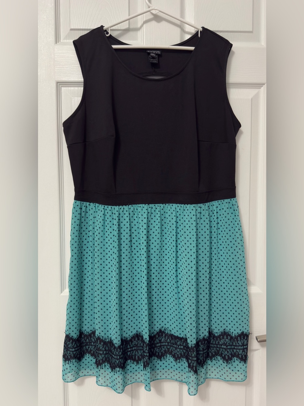 Enfocus Studio Black & Teal Polka Dot Midi Dress with Lace Trim